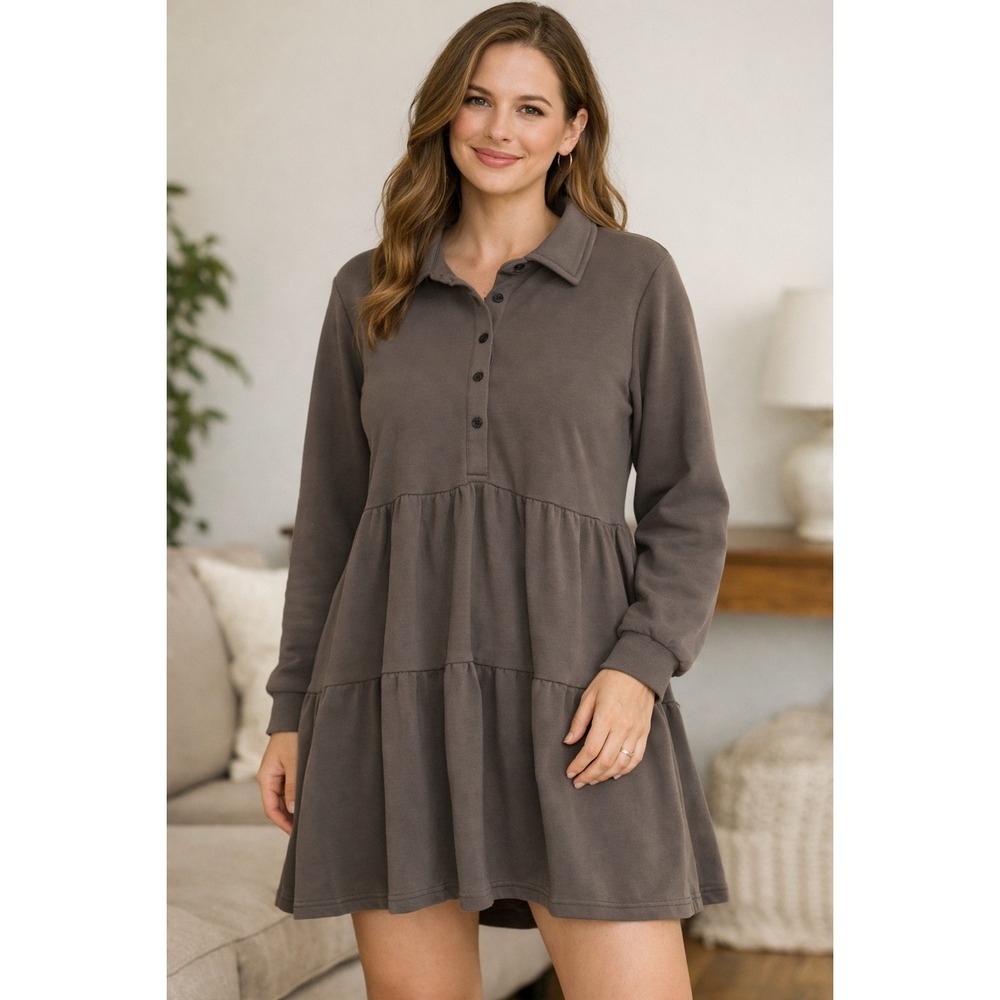 Natural Life XL gray Tiered Sweatshirt Dress Long Sleeve Collared – Small Stain - Picture 2 of 12